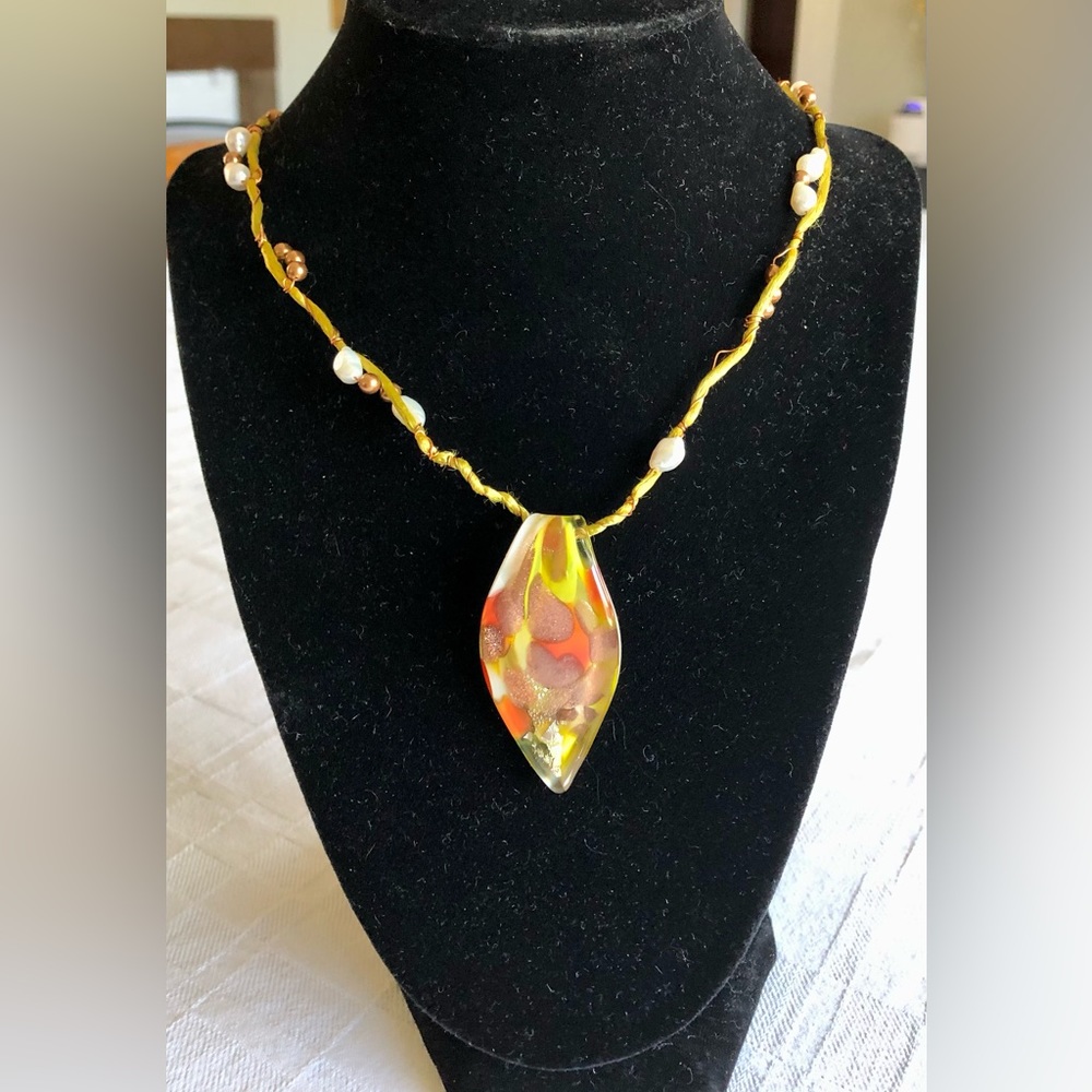 Murano Glass Pendant Necklace on 22" silk roping wrapped in copper and pearls